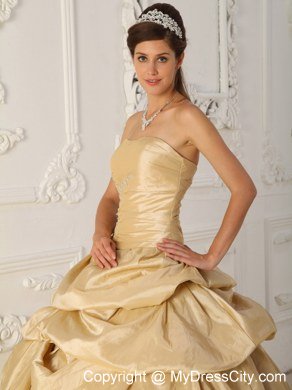 Champagne Strapless Beaded Pick Ups Taffeta Dresses For Quince