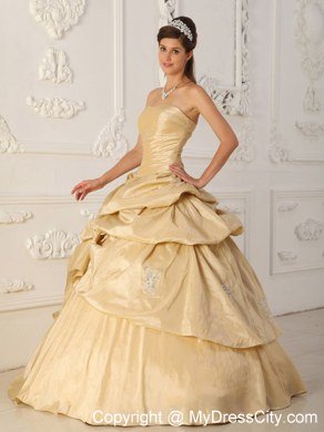 Champagne Strapless Beaded Pick Ups Taffeta Dresses For Quince