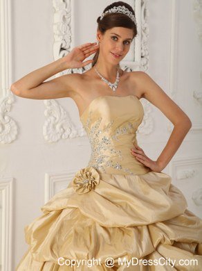 Champagne Strapless Beaded Pick Ups Taffeta Dresses For Quince