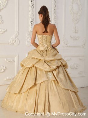 Champagne Strapless Beaded Pick Ups Taffeta Dresses For Quince