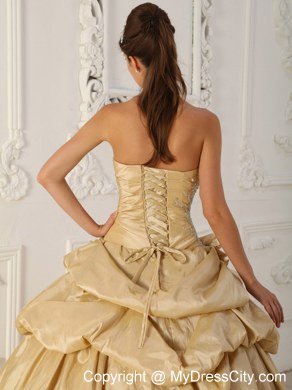 Champagne Strapless Beaded Pick Ups Taffeta Dresses For Quince