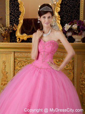 Puffy Embroidery With Beading Sweetheart Rose Pink Quinceanera Gowns