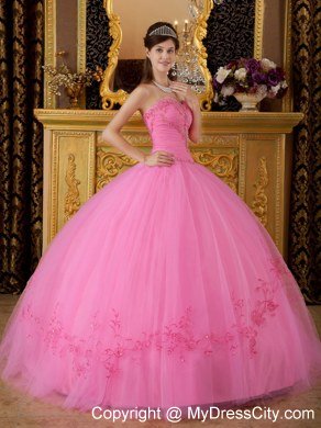 Puffy Embroidery With Beading Sweetheart Rose Pink Quinceanera Gowns