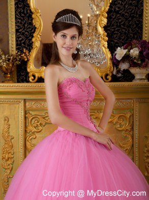 Puffy Embroidery With Beading Sweetheart Rose Pink Quinceanera Gowns