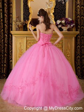 Puffy Embroidery With Beading Sweetheart Rose Pink Quinceanera Gowns