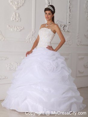 Pretty Strapless Lace Pick Ups White Quinceanera Gowns For Cheap