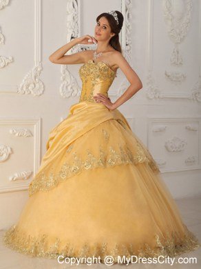 Gold A-line Strapless Appliques Luxurious 2013 Quinceanera Dresses