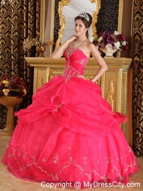 Organza Appliques Strapless Pick Ups Coral Red Quinceanera Dresses