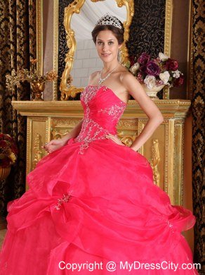 Organza Appliques Strapless Pick Ups Coral Red Quinceanera Dresses