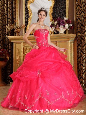 Organza Appliques Strapless Pick Ups Coral Red Quinceanera Dresses