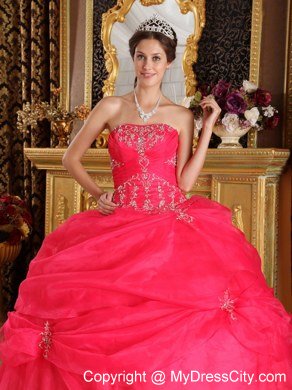 Organza Appliques Strapless Pick Ups Coral Red Quinceanera Dresses