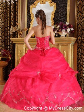 Organza Appliques Strapless Pick Ups Coral Red Quinceanera Dresses