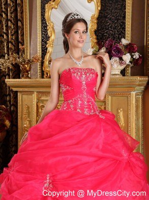 Organza Appliques Strapless Pick Ups Coral Red Quinceanera Dresses