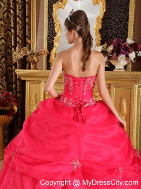 Organza Appliques Strapless Pick Ups Coral Red Quinceanera Dresses