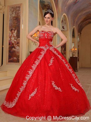 Hot Sale Appliques Strapless Organza Red Dresses For 2013 Sweet 16