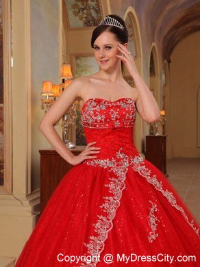 Hot Sale Appliques Strapless Organza Red Dresses For 2013 Sweet 16