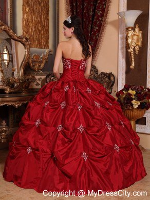 Puffy Strapless Appliques Pick Ups Wine Red Quinceanera Gowns