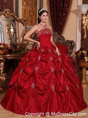 Puffy Strapless Appliques Pick Ups Wine Red Quinceanera Gowns