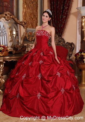 Puffy Strapless Appliques Pick Ups Wine Red Quinceanera Gowns