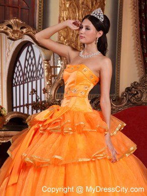 Strapless Gold Hem Tiers Orange Quinceanera Dresses With Bowknot