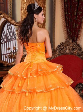 Strapless Gold Hem Tiers Orange Quinceanera Dresses With Bowknot