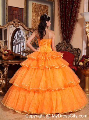 Strapless Gold Hem Tiers Orange Quinceanera Dresses With Bowknot