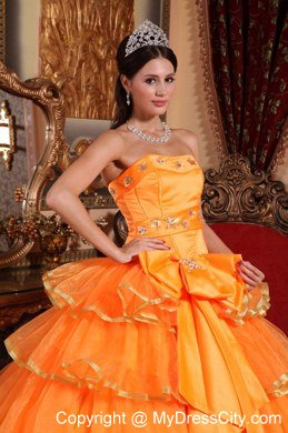 Strapless Gold Hem Tiers Orange Quinceanera Dresses With Bowknot