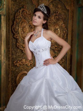 Elegant Halter Top Beaded Cheap Puffy Quinceanera Gowns In White