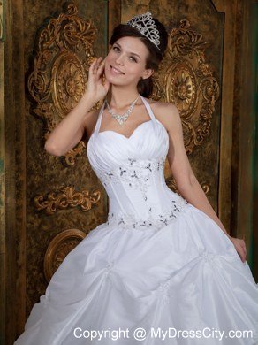 Elegant Halter Top Beaded Cheap Puffy Quinceanera Gowns In White