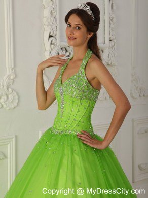 Beaded Halter Top A-line Tulle Spring Green Dresses For 2013 Quince