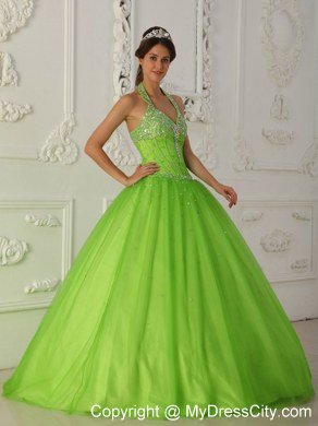 Beaded Halter Top A-line Tulle Spring Green Dresses For 2013 Quince