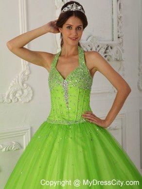 Beaded Halter Top A-line Tulle Spring Green Dresses For 2013 Quince