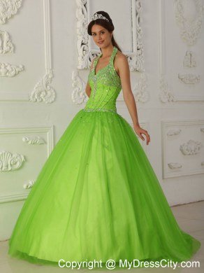 Beaded Halter Top A-line Tulle Spring Green Dresses For 2013 Quince