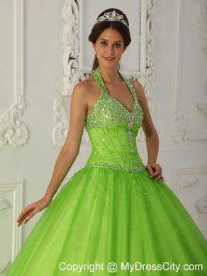 Beaded Halter Top A-line Tulle Spring Green Dresses For 2013 Quince