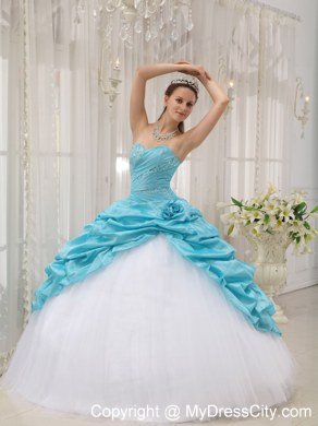 Beaded Ruching Pick Ups Aqua Blue and White Dresses For Sweet 15