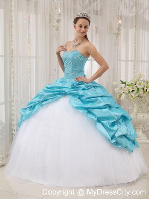 Beaded Ruching Pick Ups Aqua Blue and White Dresses For Sweet 15