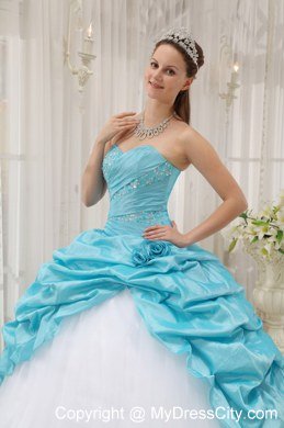 Beaded Ruching Pick Ups Aqua Blue and White Dresses For Sweet 15