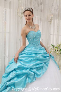 Beaded Ruching Pick Ups Aqua Blue and White Dresses For Sweet 15