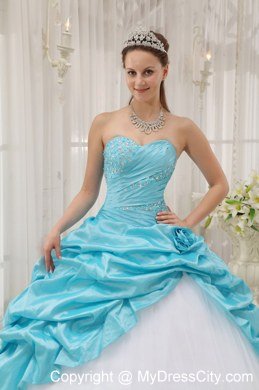 Beaded Ruching Pick Ups Aqua Blue and White Dresses For Sweet 15