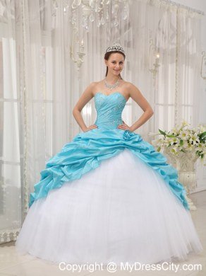 Beaded Ruching Pick Ups Aqua Blue and White Dresses For Sweet 15