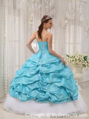 Beaded Ruching Pick Ups Aqua Blue and White Dresses For Sweet 15