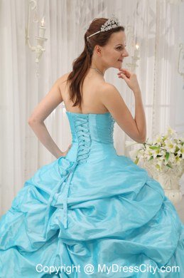 Beaded Ruching Pick Ups Aqua Blue and White Dresses For Sweet 15