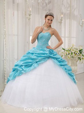 Beaded Ruching Pick Ups Aqua Blue and White Dresses For Sweet 15