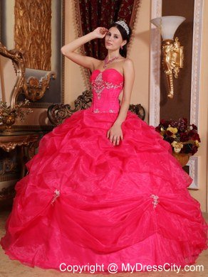 Appliques Sweetheart Pick Ups Coral Red Quinceanera Dresses