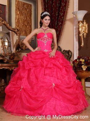 Appliques Sweetheart Pick Ups Coral Red Quinceanera Dresses