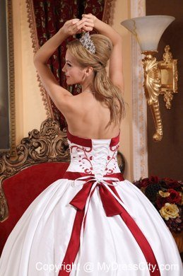 Embroidery Red Hem Strapless White Quinceanera Gowns 2013