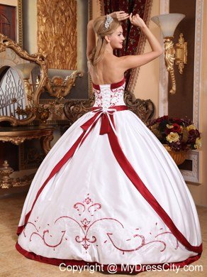 Embroidery Red Hem Strapless White Quinceanera Gowns 2013