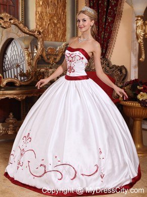 Embroidery Red Hem Strapless White Quinceanera Gowns 2013