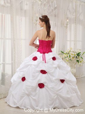 Red Flowers Beaded Ruching Hot Pink and White Dress For Quince