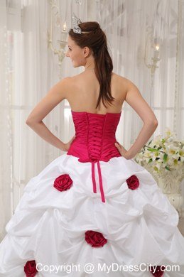 Red Flowers Beaded Ruching Hot Pink and White Dress For Quince